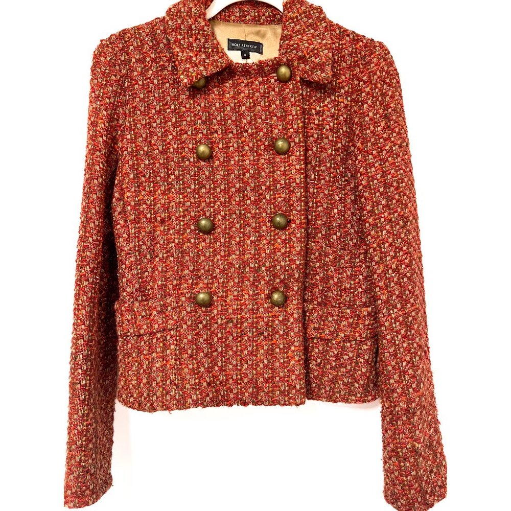 Holt Renfrew Orange Plaid Tweed Blazer Size 8